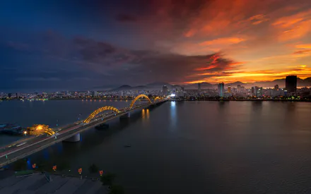 Bridge, Sunset, City, River, Landscape, Night