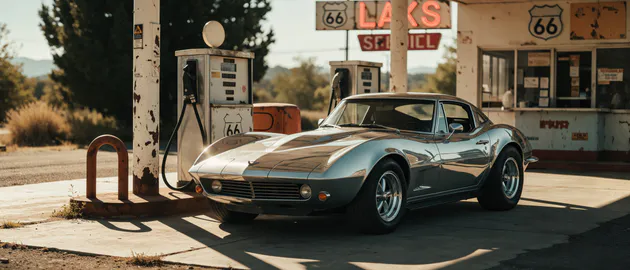 Car, Machine, Chevrolet Corvette C3, Classic, Retro, Muscle Car, Gas Station, Gas Station, Route 66, Old Column, Vintage, Usa, America, Silver, Coupe, Road, Desert, Nostalgia
