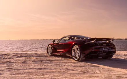 Mclaren 720s, Mclaren, Суперкар, Спорткар, Вишневый, Бордовый, Вид сзади, Пляж, Песок, Берег, Море, Вода, Океан, Закат, Солнце, Небо, Облака, Пейзаж, Автомобиль, Машина