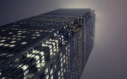 Skyscraper, Building, Architecture, Night, Light in the Windows, Fog, View From Below, Geometry, City, Modern, Lights, Metropolis, Height, Clouds, Facade