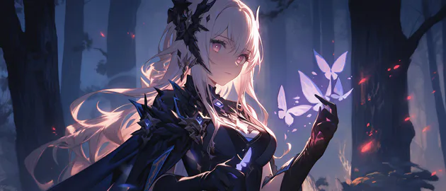 KyRyeZi, Midjourney Art, AI Art, Anime, Butterfly, Forest, Night, Fantasy Art, Mystical, Widescreen, 10k