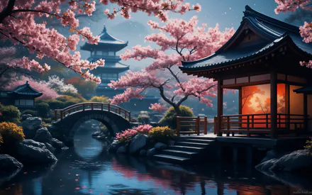 Япония, Сакура, Ночь, Пейзаж