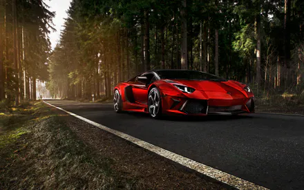Lamborghini Aventador, Суперкар, Спорткар, Красная машина, Лесная дорога, Вид спереди