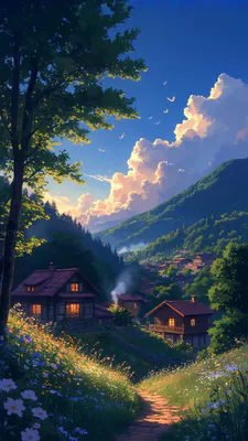Summer Evening, Blooming Meadow, Trees, Houses, Clouds, Birds, Path, Comfort, AI Art