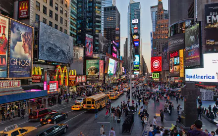 Billboards, Skyscrapers, Busy Traffic, Yellow Taxis, Pedestrians, Neon Signs, Cityscape