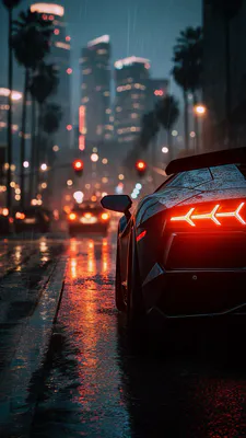 Sports Car, Tail Lights, Night, Neon, Reflection, Wet Asphalt, Palm Trees, Cityscape, AI Art