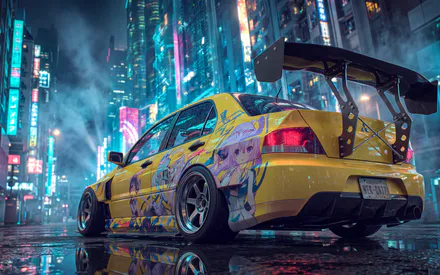 Mitsubishi Lancer Evolution, Mitsubishi, Livery, Anime, AI Art, AI Generated, Cyberpunk, Yellow
