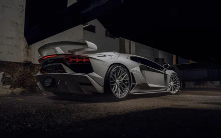 Supercar, Sports Car, Rear View, Big Spoiler, Chrome Wheels, Night, Amoled
