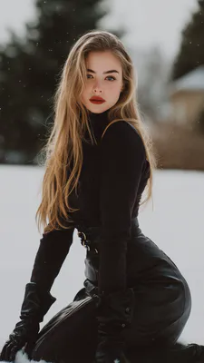 Girl, Portrait, Snow, Long Hair, Black Clothes, Gloves, Model, Fashion