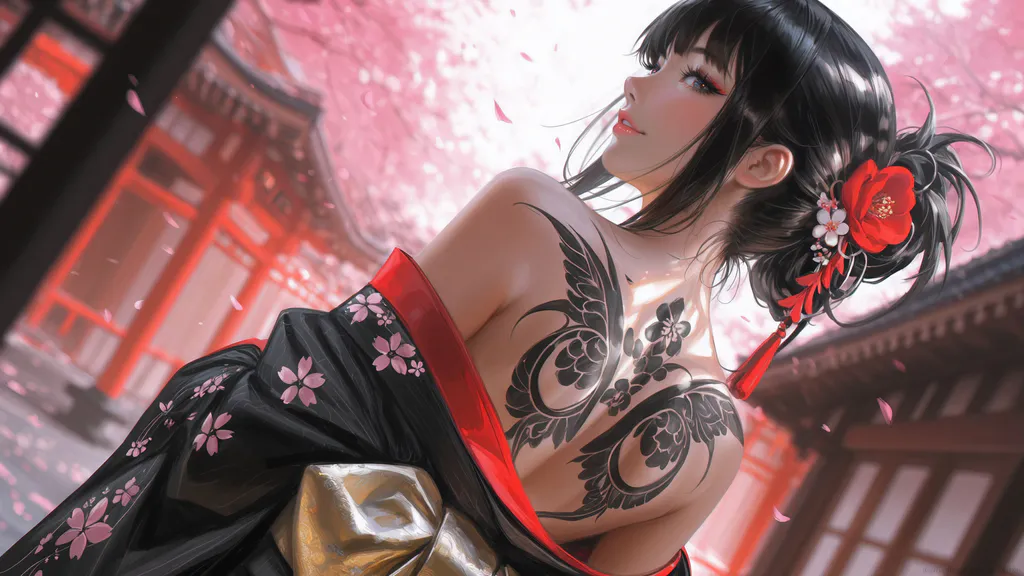 Шпалери для робочого столу: Дівчина в кімоно з татуюванням