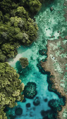 Океан, Море, Лагуна, Коралловый риф, Джунгли, Тропики, Берег, Вода, Бирюзовый, Природа, Вид сверху, Остров, Лес, Песок, Путешествия, Вертикальный