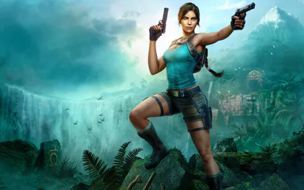 Lara Croft, Tomb Raider, Лара Крофт, Джунгли, Водопад, Скалы, Пистолеты, Руины, Приключения, Выживание, Игры, Арт, Синий, Зеленый, Девушка, Воительница