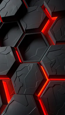 Абстракція, 3D, Шестикутники, Соти, Чорний, Камінь, Неон, Червоний, Підсвічування, Вогонь, Лава, Текстура, Рельєф, Футуризм, Геометрія, Темний фон, Вертикальний