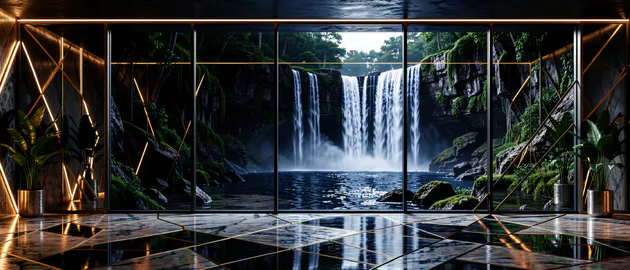 KyRyeZi, ИИ искусство, Дзен, Гармония, Природа, Водопад, Мрамор, Интерьер, Отражения, Ультраширокие, Высокое разрешение, Обои на пк