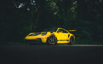 Porsche, 911 GT3 RS, Желтый, Спорткар, Автомобиль, Лес, Деревья, Природа, Дорога, Асфальт, Ливрея, Спойлер, Мощность, Немецкая инженерия, Стиль, Горизонтальный