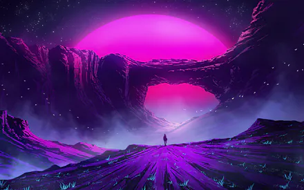 Пейзаж, Горы, Солнце, Фиолетовый, Розовый, Неон, Силуэт, Человек, Путь, Небо, Зари, Сюрреализм, Арт, Ретровейв, Фантастика, Одиночество