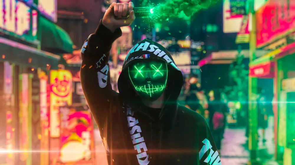 Wallpaper Neon Mask Guy With Green Smoke 1125x2436