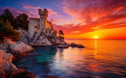 Castle, Sun, Sunset, Sea, Cliffs