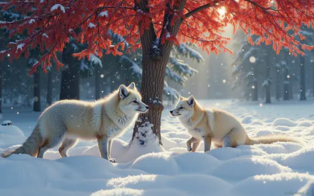 Волки, Снег, Дерево, Лес