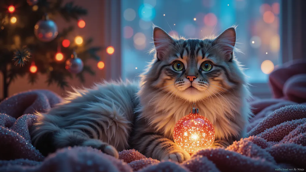 Обои на рабочий стол: Котик на диване в Новый год