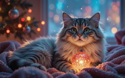 Кот, Новый Год, Вечер, Диван, Ёлка, Игрушки