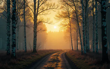 Дорога, Берёзы, Осень, Закат