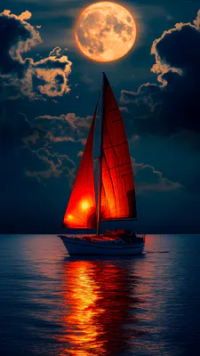 Sailboat, Moon, Water, Reflection, Evening, Night