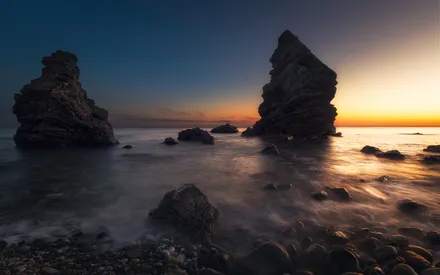 Море, Закат, Галька, Камни, Скалы, Побережье, Вечер