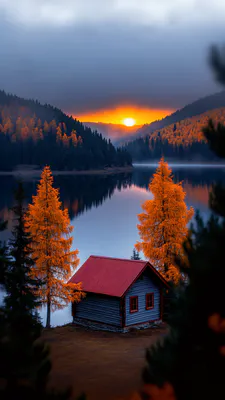 The Hut, Sunset, Lake, Autumn Landscape, Trees, Mountains