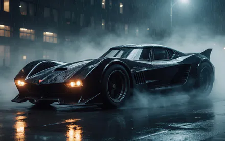 Batmobile, Supercar, Sports Car, Rain, Night, Fog, Smoke, Wet Asphalt, Reflection, Headlights, Dark Car, Futuristic Design, City, Street, Batman