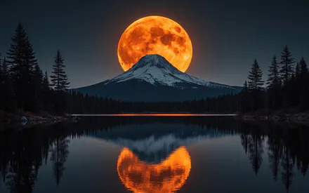 Full Moon, Supermoon, Big Moon, Mountains, Snowy Peak, Lake, Reflection, Symmetry, Mirror Water, Night Landscape, Forest, Pine Trees, Trees, Nature, Night