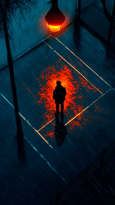 Фонарь, Дождь, Неон, Отражение, Тень, Улица, Город, Силуэт, AI Art