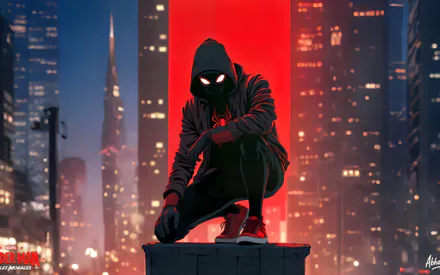 Spider-man, Marvel, Неон, Ночной город, Комикс-стиль, Капюшон, Городской пейзаж, AI Art