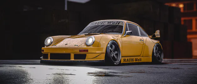 911, Widebody, Купе, Дождь, Влажный асфальт, Низкая посадка, Колеса, Ретро, AI Art, Ultrawide