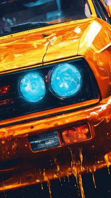 Винтаж, Оранжевый, Синие фары, Крупным планом, Городской, Глянцевый, Мокрый, Всплеск, Отражающие
