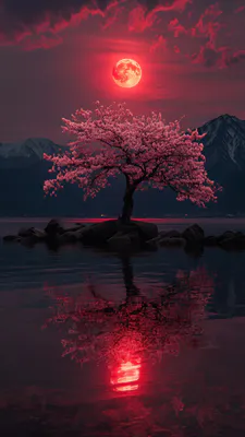 Вишня, Повня, Відображення, Озеро, Гори, Ніч, Темно-червоний, Скелі