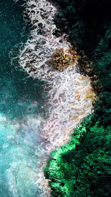 Морская пена, Камни, Зелень, Вид с воздуха, Движение воды, Песчаный пляж, Яркие цвета, Природа