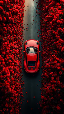 Porsche, Redcar, Кусты роз, Сверху, Вид с воздуха, Лепестки, Темная дорога, Роскошь, Романтик