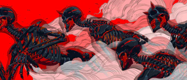 Черный, Красный, Дым, Механический, Скелеты, Киберпанк, Цифровое искусство, Футуристический, Абстрактный, Ультраширокий