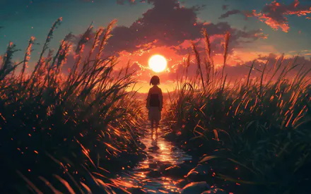 Аниме, Закат, Силуэт, Девушка, Высокие травы, Струй, Блики, Меланхолия