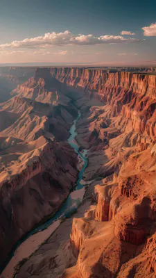Глубокий каньон, Река, Долина, Скальные образования, Пустыня, Оранжевые оттенки, Облака, Пейзаж, Естественный свет