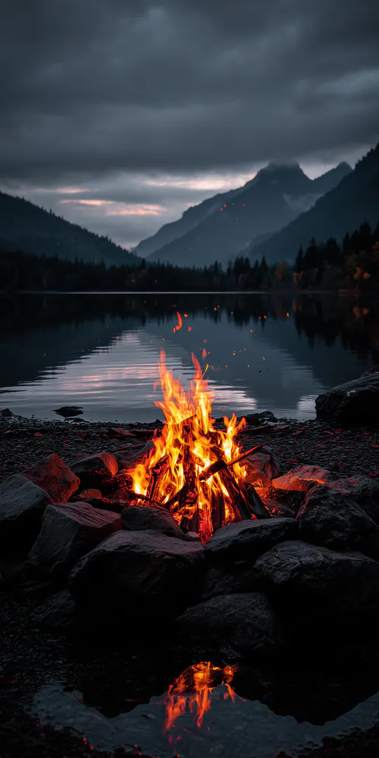 Шпалери на телефон: Гірське озеро біля багаття