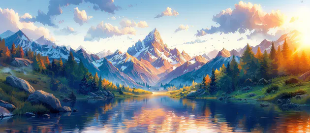 Річка, Дерева, Гори, Захід сонця, Відображення, Фарбові, Пейзаж, Ілюстрація, Природа, Надширокий