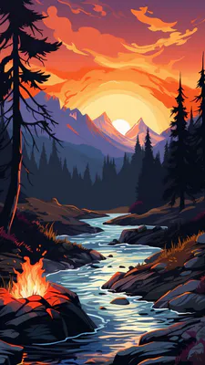 Река, Огонь, Лес, Закат, Горы, Оранжевый, Иллюстрация, Природа, Деревья