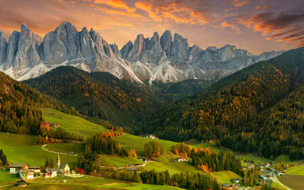 Альпы, Горы, Зеленые холмы, Осенние цвета, Деревня, Церковь, Пейзаж, Закат, Лес, Живописные