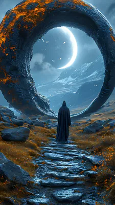 Круговий портал, Фігура в плащі, Місячне світло, Гірський пейзаж, Загадковий, Кам’яна стежка, Лава, Що світиться, Фентезі