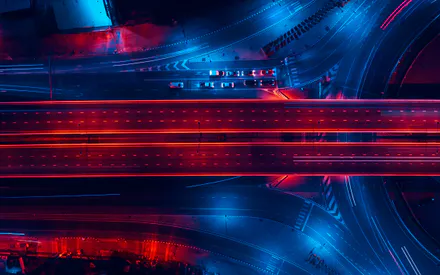 Вид с воздуха, Движение, Ночь, Огни, Длительная выдержка, Город, Мост, Дороги, Синий, Красный