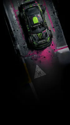 Гоночный автомобиль, Вид сверху, Неоновые огни, Черно-зеленый, Розовые акценты, Эффект гранжа, Энергия монстра, Трек