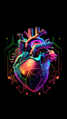 Анатомическое сердце, Неоновые цвета, Цифровое искусство, Киберпанк, Светящееся, Яркое, Техноарт