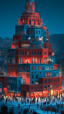 Город, Архитектура, Городской пейзаж, Ночные огни, Толпа, Красный синий, Современные, Иллюстрация